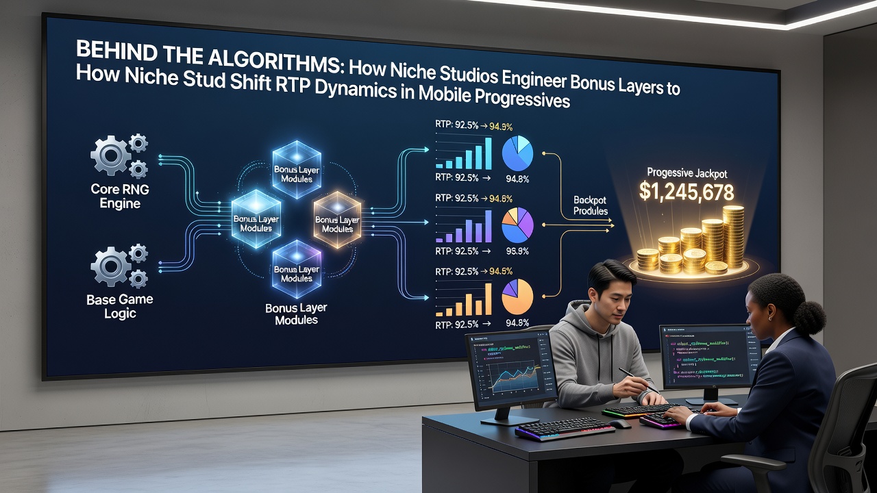 Niche studio developers reviewing mobile progressive slot algorithms on multiple screens