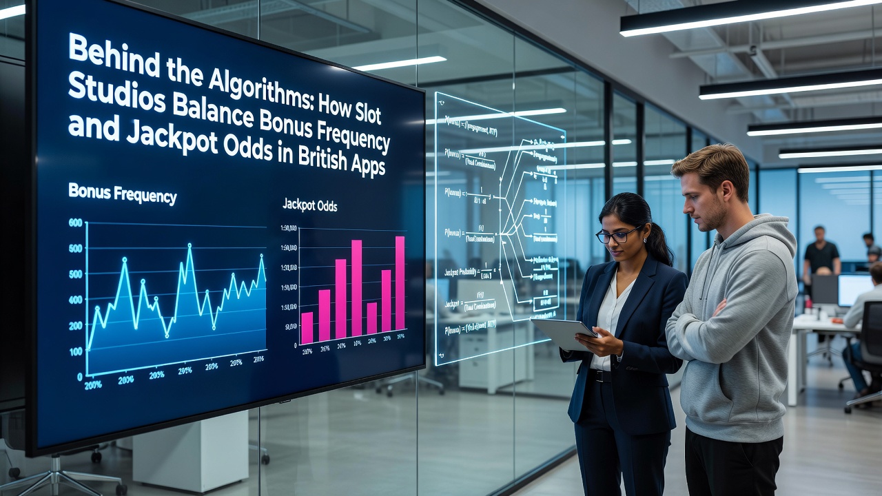 Slot studio developers reviewing algorithm configurations for bonus frequency and jackpot probabilities on digital interfaces