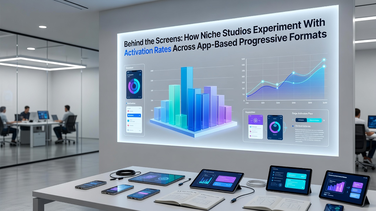 Niche studio developers reviewing activation rate data on multiple app-based progressive slot interfaces