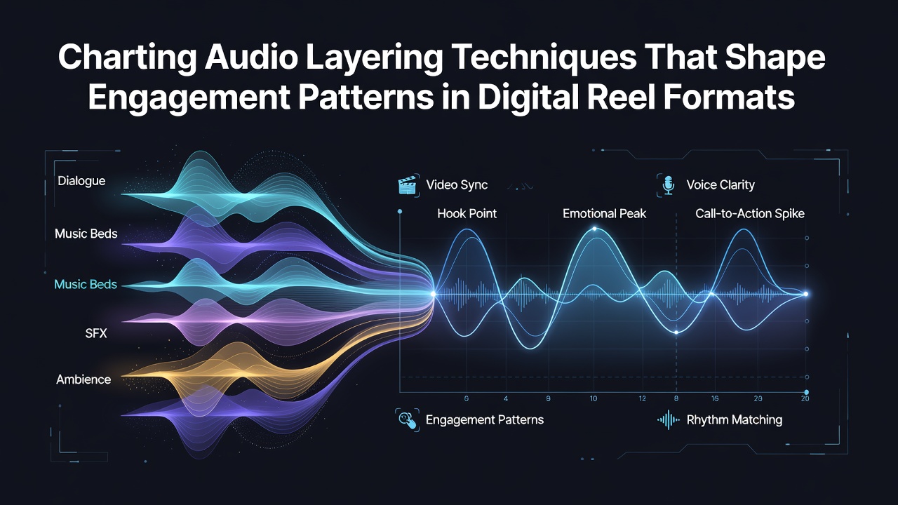 Diagram illustrating multi-track audio layering over spinning digital reels with synchronized sound effects and ambient layers
