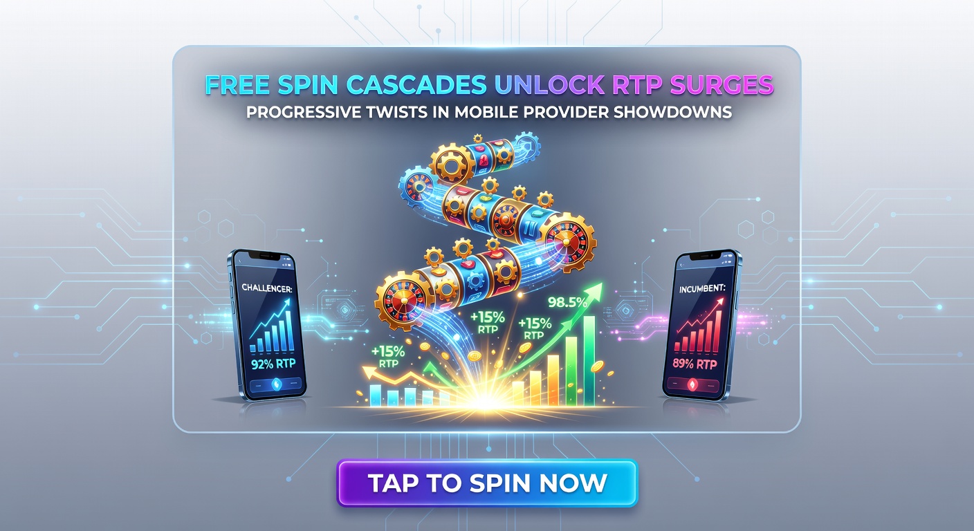 Close-up of competing mobile slot providers' logos with RTP charts spiking during free spin cascade sequences and progressive jackpots