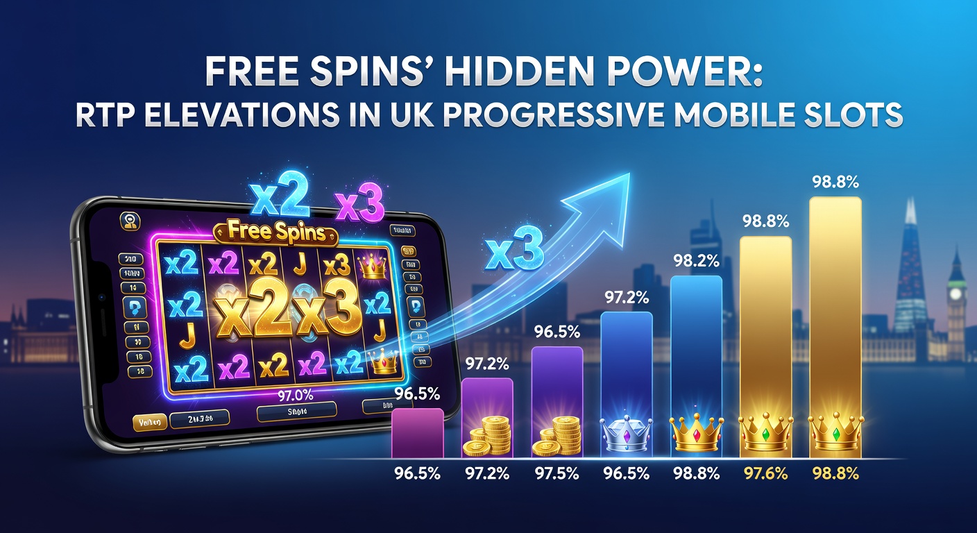 Close-up of a UK mobile casino app displaying a free spins bonus round in a progressive slot, with RTP stats overlay and jackpot ticker rising