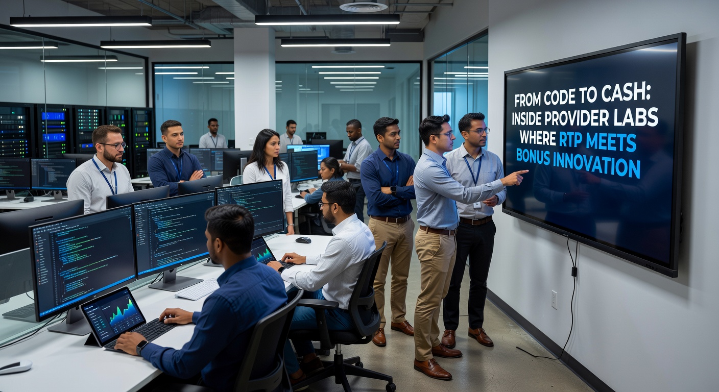 Developers in a modern slot provider lab huddled around screens displaying RTP algorithms and bonus feature prototypes, capturing the intense creative process from code to innovation