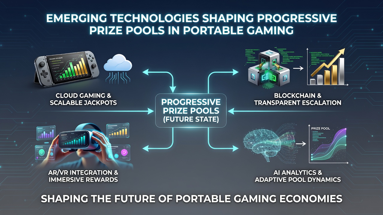 Diagram showing blockchain and AI integration in portable gaming progressive prize systems