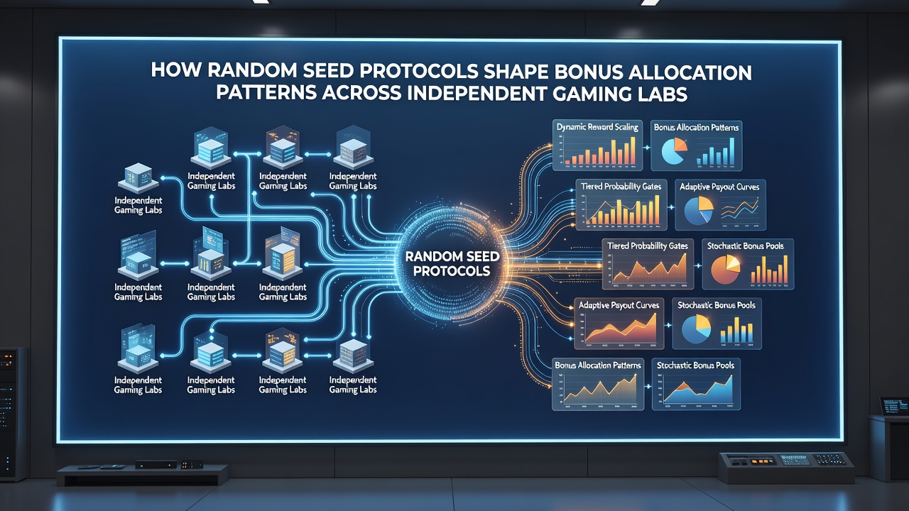 Laboratory equipment displaying seed input logs and bonus outcome statistics during RNG certification tests