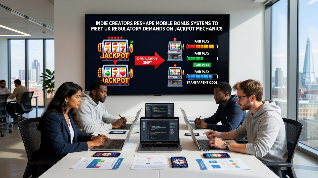 Mobile slot development team reviewing jackpot contribution charts and bonus system compliance