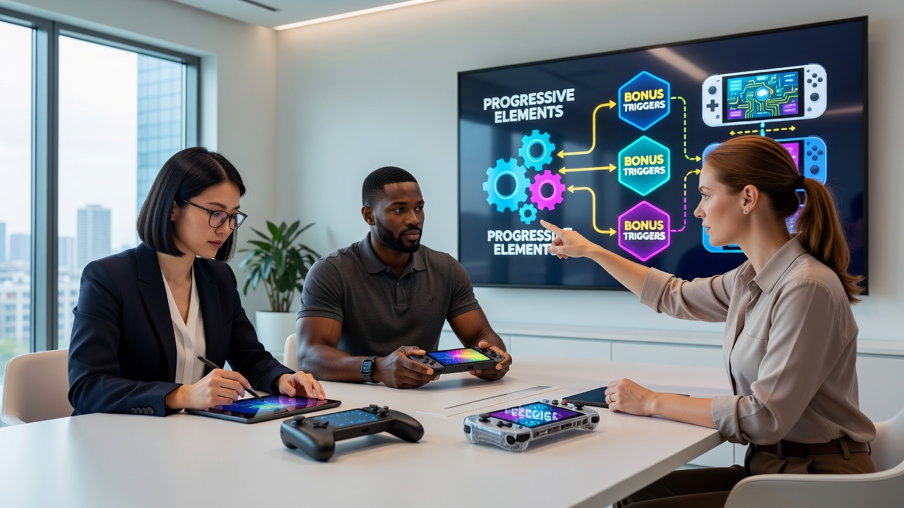 Game architects reviewing mobile slot prototypes in a provider innovation lab
