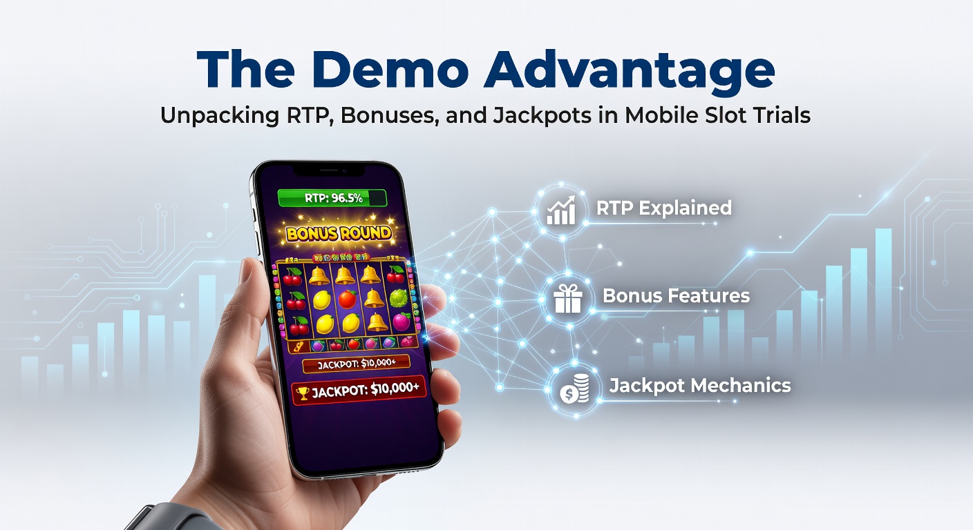 Vibrant mobile slot demo screen displaying spinning reels, bonus triggers, and RTP metrics during a trial session