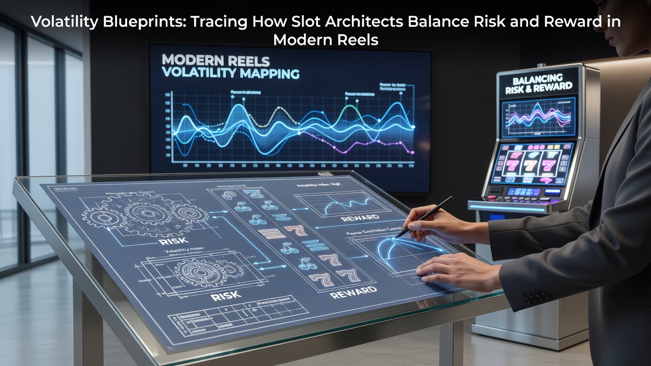 Slot architects reviewing volatility charts and reel configurations in a design studio
