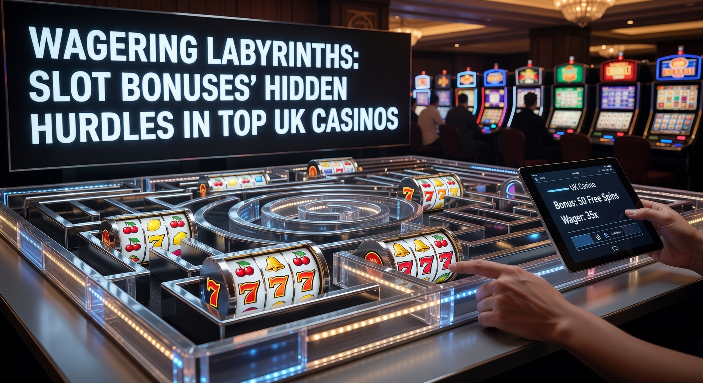 A intricate labyrinth representing complex wagering requirements in slot bonuses, with slot reels and casino chips scattered along the path