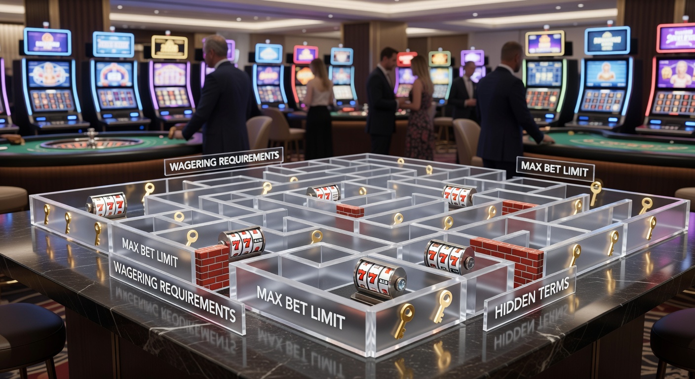 Close-up of slot machine bonus screen displaying wagering requirement fine print, with a magnifying glass highlighting hidden clauses amid flashing lights and symbols